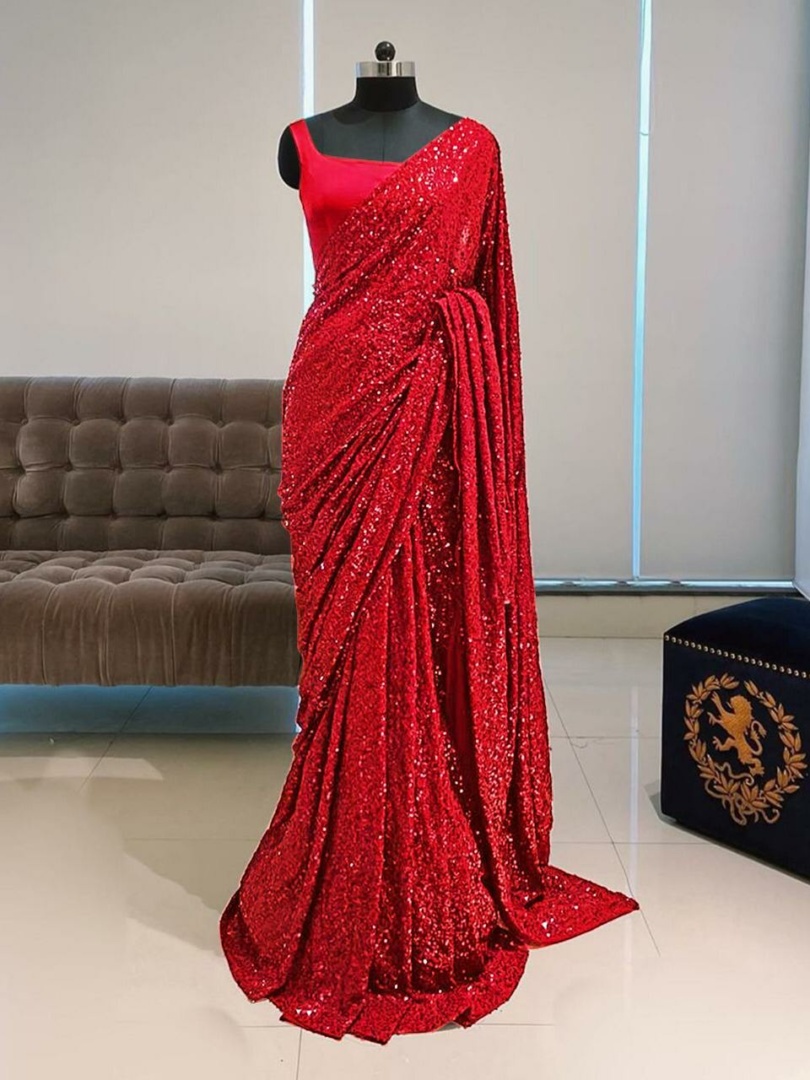 Classic Saree Embroidered Organza In Red, Teej Look 2022